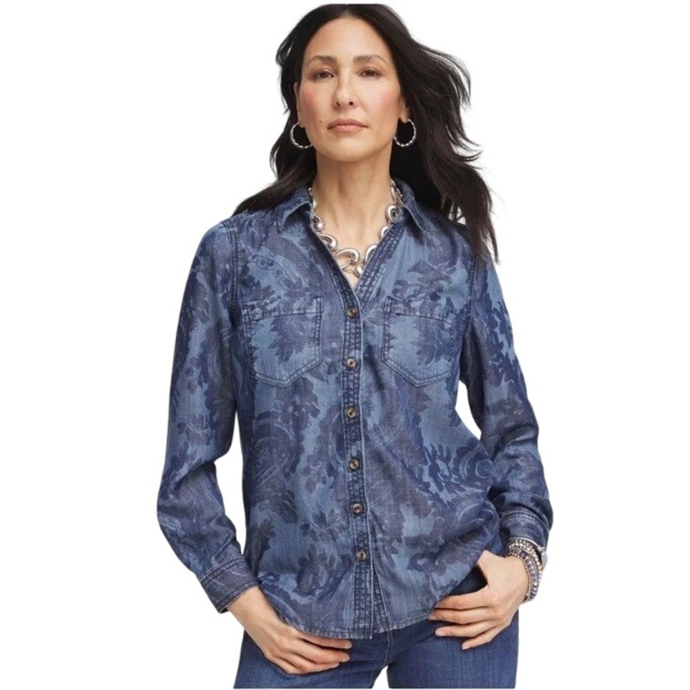 Chico's Womens Button Down Shirt Size 3 XL Blue Paisley Floral Denim Look Tencel
